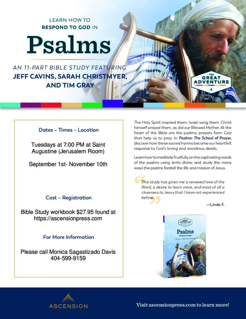 Adult Bible Study on Psalms meets Tuesdays at 7:00 PM from September 1 through November 10.
