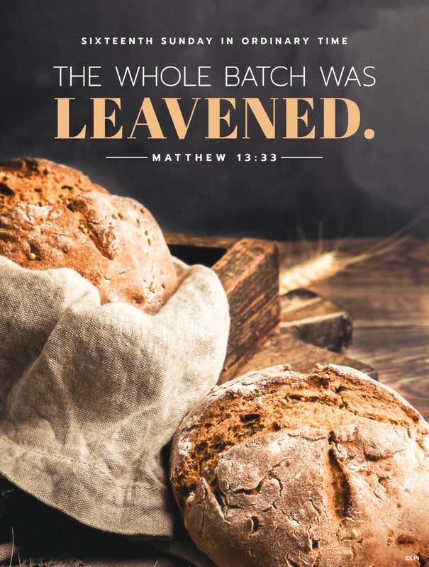 July 19, 2026 bulletin cover with loaves of bread and a quotation from Matthew 13:33 about leaven.
