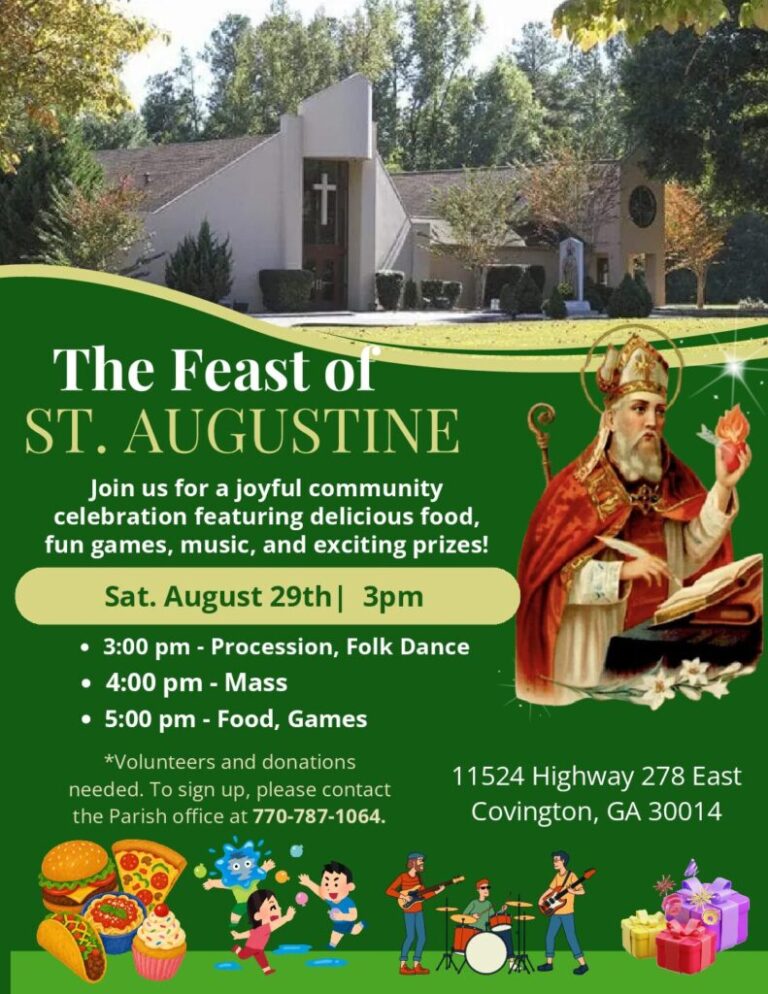 Feast of St. Augustine celebration is August 29 with procession, Mass, food, and games.