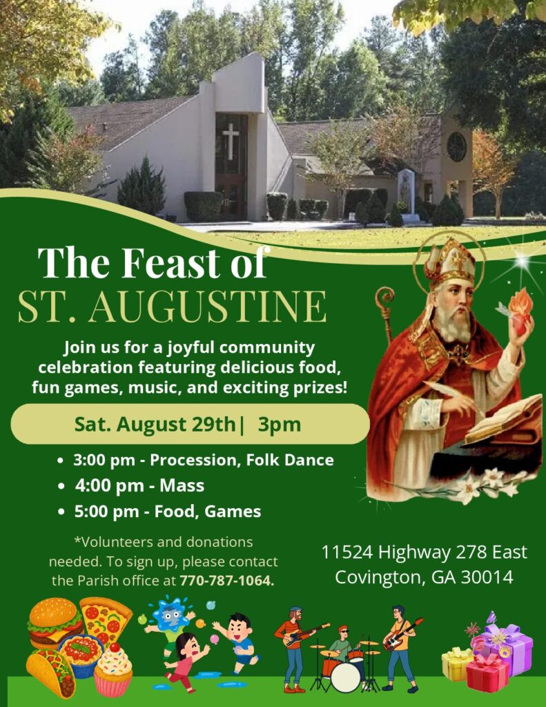 Feast of St. Augustine celebration is August 29 with procession, Mass, food, and games.